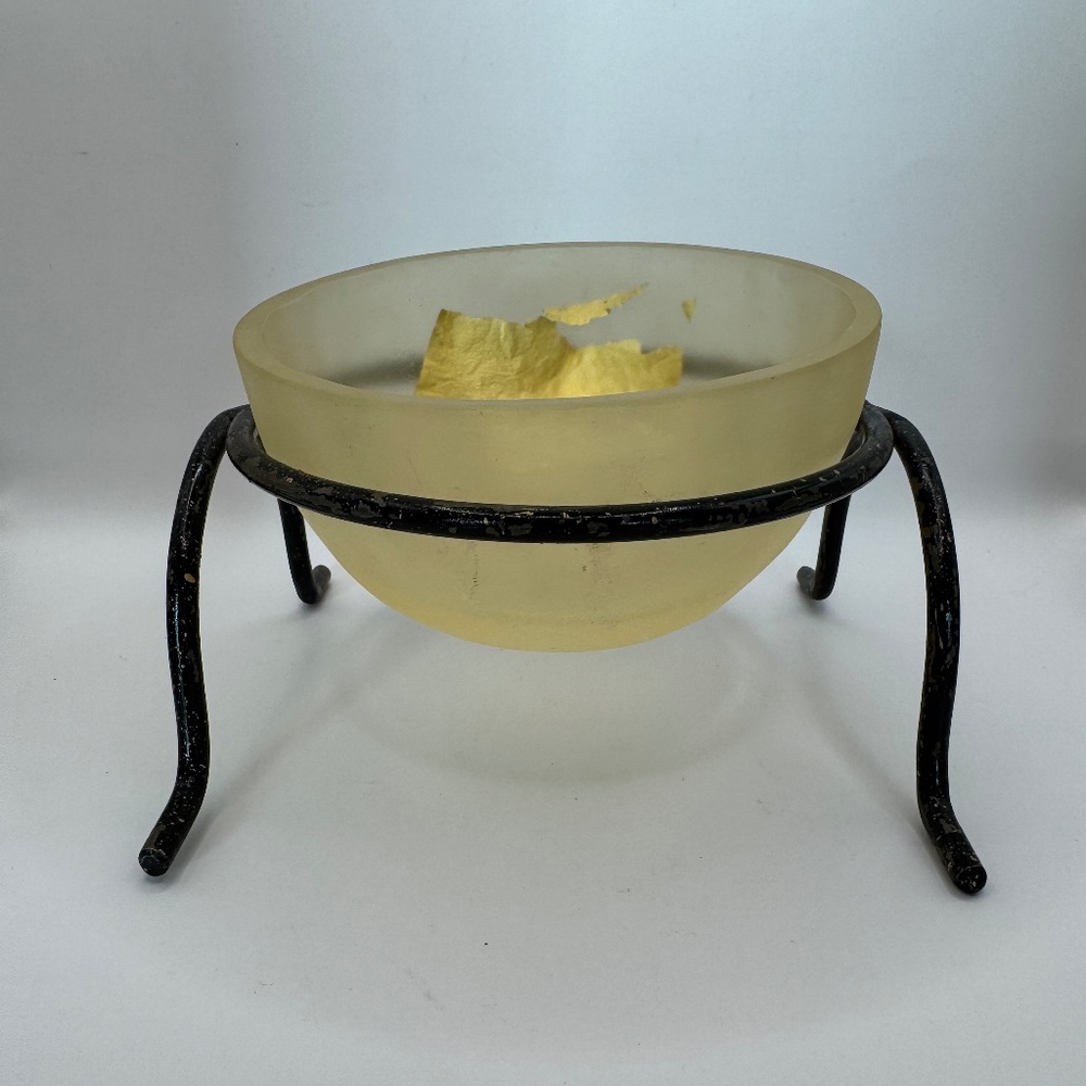 Martha Sturdy acrylic bowl with floating gold leaf in metal stand. Rare